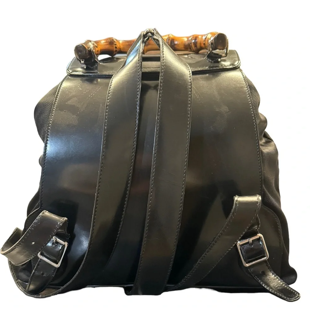 GUCCI Vintage Bamboo Patent Leather/Canvas Backpack Black with Dust Bag